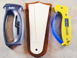 The three test scissors sharpeners range from quick ‘n easy to sit a spell. From left: Smith’s V-Slot Knife & Scissors Sharpener, Spyderco Golden Stone and AccuSharp ShearSharp Scissors Sharpener. (Covert image)