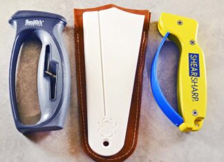 The three test scissors sharpeners range from quick ‘n easy to sit a spell. From left: Smith’s V-Slot Knife & Scissors Sharpener, Spyderco Golden Stone and AccuSharp ShearSharp Scissors Sharpener. (Covert image)