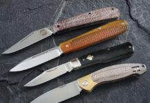 The four slip joints the author tested varied in length, width and configuration, giving each its own unique capabilities. The knives tested include (top) White River Trailhead Trapper, Böker Coffin Ultem, Rosecraft Blades Savage Creek and GiantMouse Ace Farley. V2.