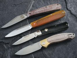 The four slip joints the author tested varied in length, width and configuration, giving each its own unique capabilities. The knives tested include (top) White River Trailhead Trapper, Böker Coffin Ultem, Rosecraft Blades Savage Creek and GiantMouse Ace Farley. V2.
