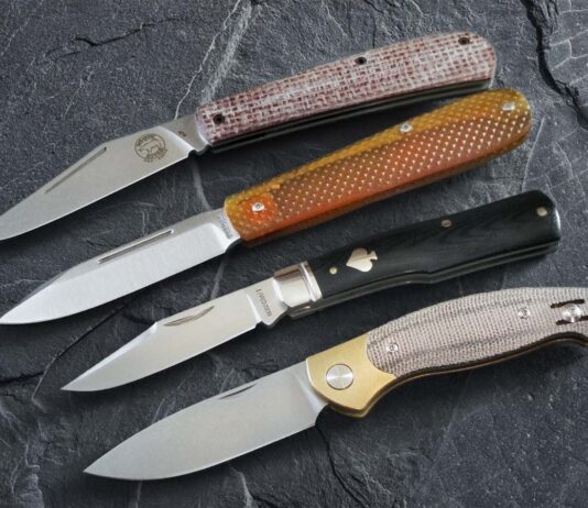 The four slip joints the author tested varied in length, width and configuration, giving each its own unique capabilities. The knives tested include (top) White River Trailhead Trapper, Böker Coffin Ultem, Rosecraft Blades Savage Creek and GiantMouse Ace Farley. V2.