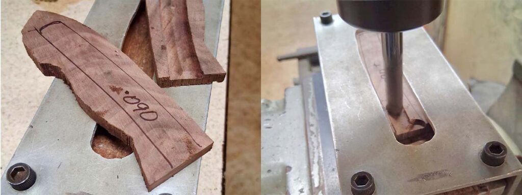 According to the columnist, Fisk prefers a mortised handle consisting of two flush matching scales, equally inletted for a tight hidden tang. No easy task. Not only does it require precise placement of the tang outline (left) on the scale, but exacting router work (right). (Images courtesy of Jerry Fisk)