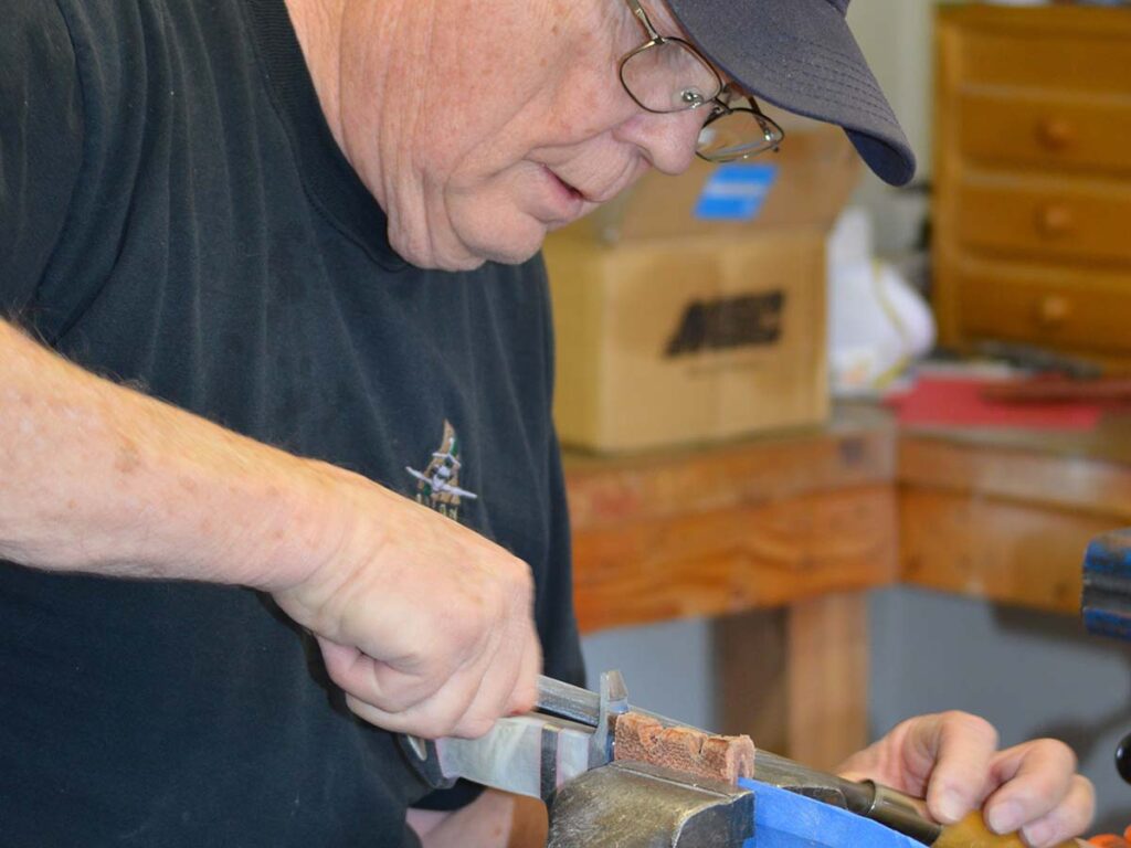 Grinding is a large part of Johnson’s process, which he does while seated. Even so, the columnist points out he lines the floor of his shop with interlocking playmats to lessen the stress on his body. He also has his bench and tools set up to his natural working heights to increase his efficiency. (Steve Johnson image)