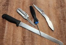 In the center is the Lansky Folding Tapered Diamond Rod Sharpener (MSRP: $19.95). Among the author’s most used and abused serrated edges, clockwise from top: Spyderco Police, Henckels bread knife and Leatherman Wave.