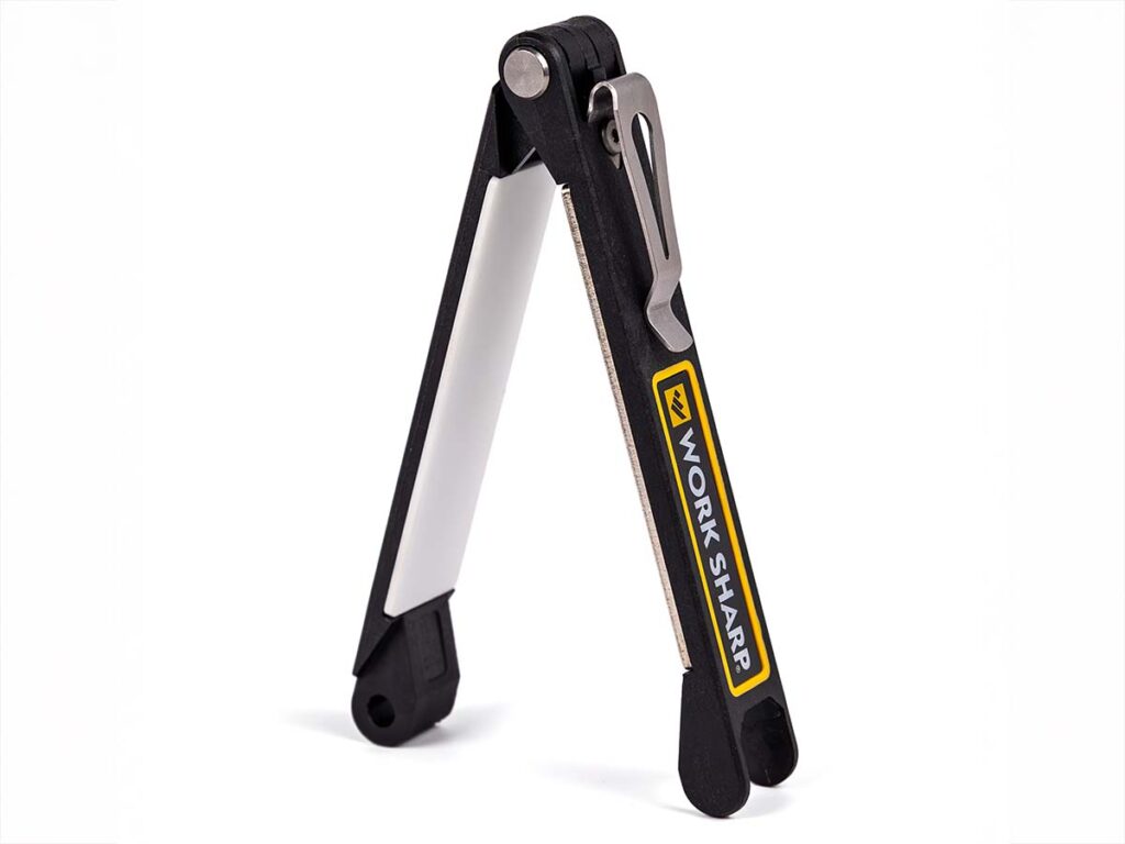 Especially effective on EDC knives, the new Work Sharp Folding Field Sharpener is one whiz-bang of a portable unit.