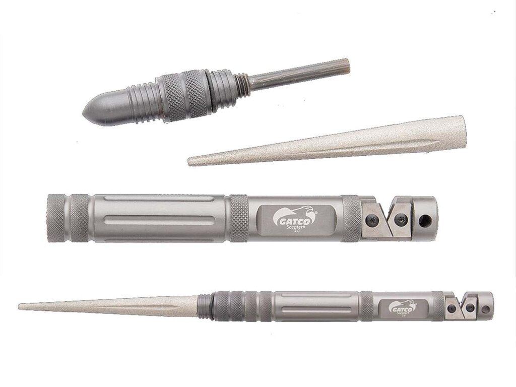The multi-purpose GATCO Scepter 2.0 sharpens plain and serrated edges and has a magnesium rod for starting fires.