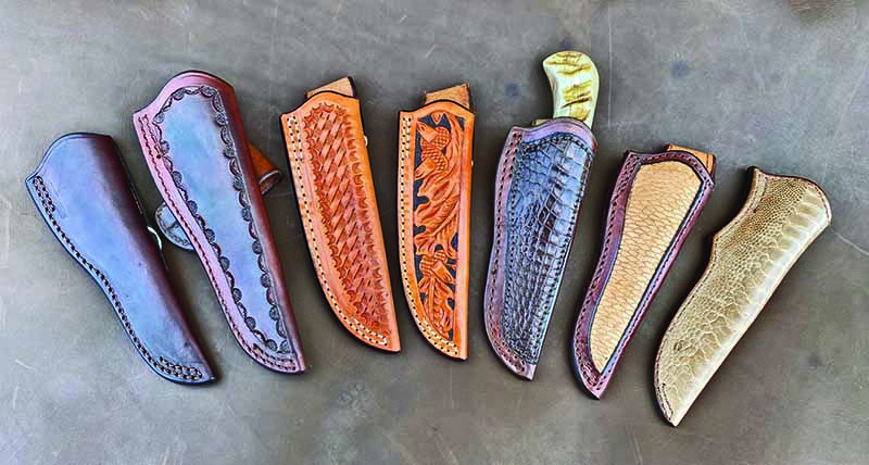 The different decorations Kenny Rowe offers with his sheaths include, from left: smooth; border tooled; basket weave; acorn and oak leaf hand carving; exotic skin overlay (gator); exotic skin inlay (beaver tail); and exotic skin full coverage (ostrich leg). 