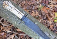 Bob Earhart’s 5-bar Turkish twist damascus fighter is an absolute head turner, with a 7.5-inch blade and mammoth ivory handle. (Bob Earhart image)