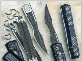 Inside one of the scales of Scott Topper’s Shrike reads: “This Shrike was born in October of 2019 with a blade of cryo treated 63 HRC AEB-L. The core and mechanism are 416ss with Teflon impregnated acetal lockbars actuated by 302ss springs, caged in a Richlite armor bound by hardened 305ss rings.” (SharpByCoop image)
