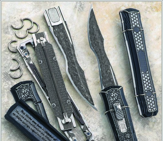 Inside one of the scales of Scott Topper’s Shrike reads: “This Shrike was born in October of 2019 with a blade of cryo treated 63 HRC AEB-L. The core and mechanism are 416ss with Teflon impregnated acetal lockbars actuated by 302ss springs, caged in a Richlite armor bound by hardened 305ss rings.” (SharpByCoop image)