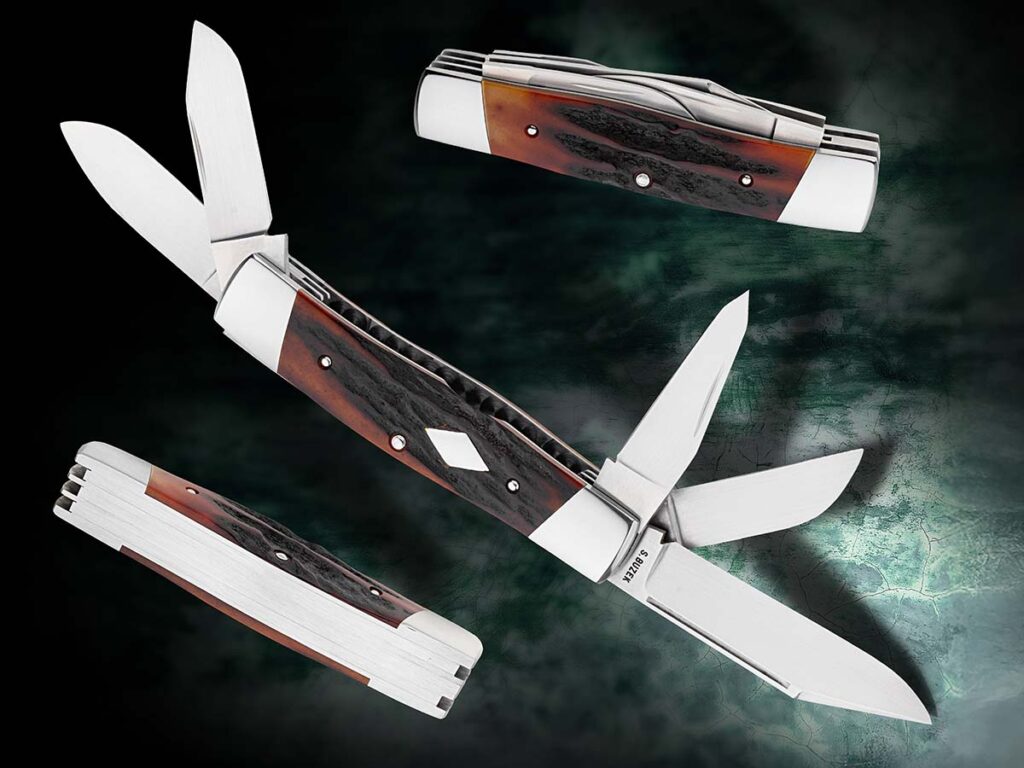 “The five-blade cattle knife is a very difficult build,” Stanley Burzek confesses. Not only are aesthetics at play, but mechanical aspects, such as the blades clearing frame and timed right, not to mention executing multiple grinds. Tackling more complex slip joints has been a natural progression for Stanley. The Texas maker began with single- up to three-blade stockmen but saw the more difficult projects as pushing his craftmanship to the next level. (Jocelyn Frasier image)
