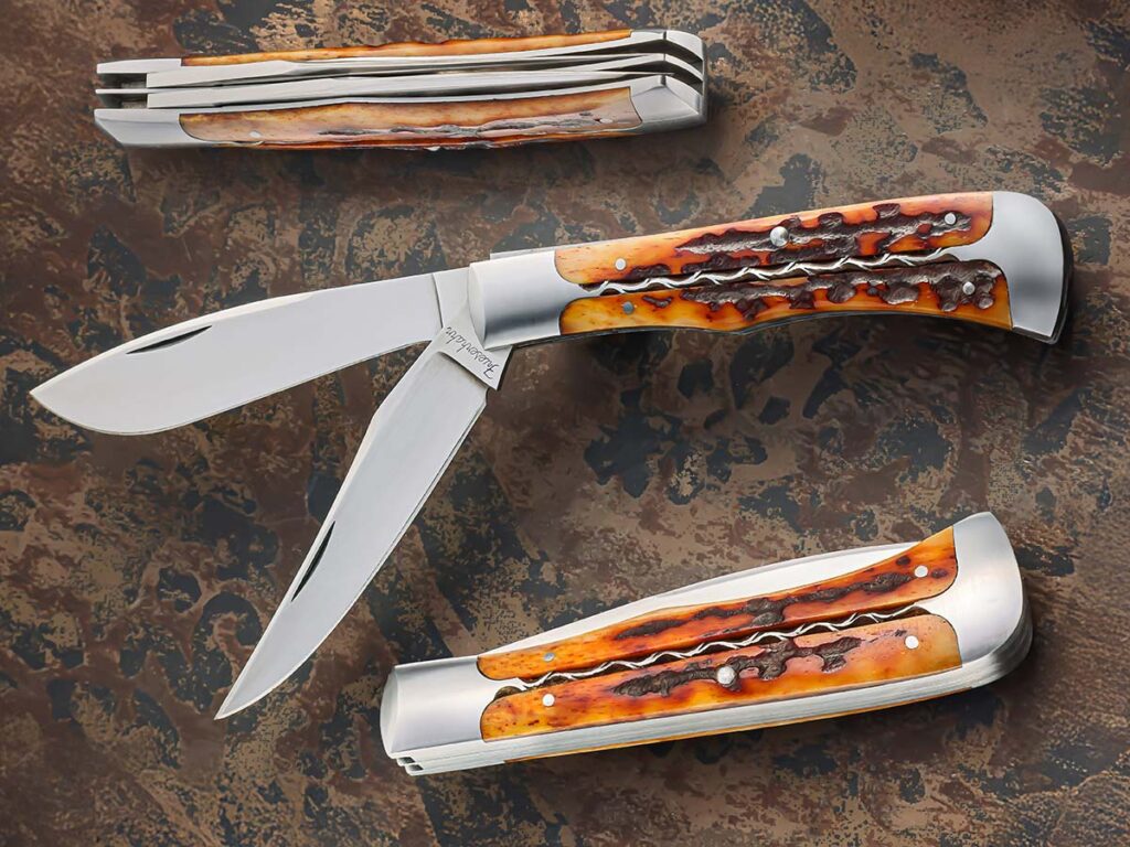 Like most custom makers, the most challenging aspect of the slip joint for Friesenhahn is getting the rise and fall of the blade correct. Add in embellishments, like the delicate vine filework down the center of his trapper’s handle, and the project becomes a taxing undertaking. (SharpByCoop image)