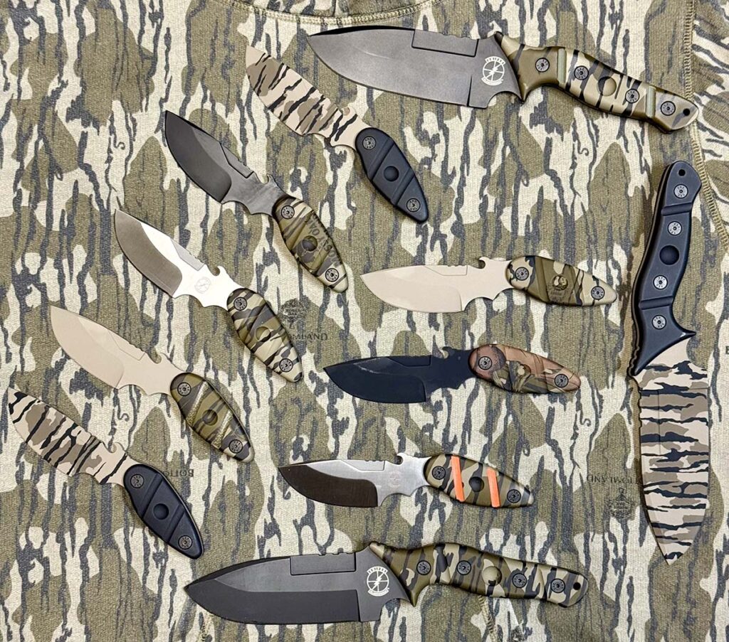 Full suite of Sniper Bladeworks knives dressed in Mossy Oak.