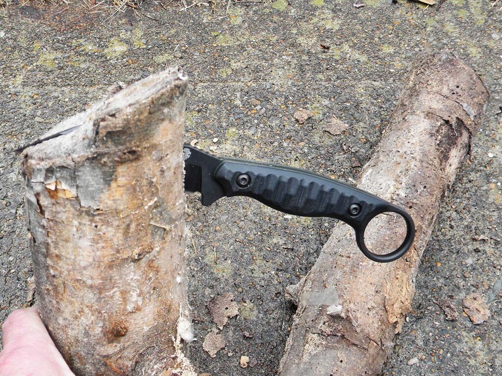 The SK-4 was up to the tasks of splitting seasoned hackberry, however, it did leave the author with a sore hand when he tried to hold on to the ring while batoning.