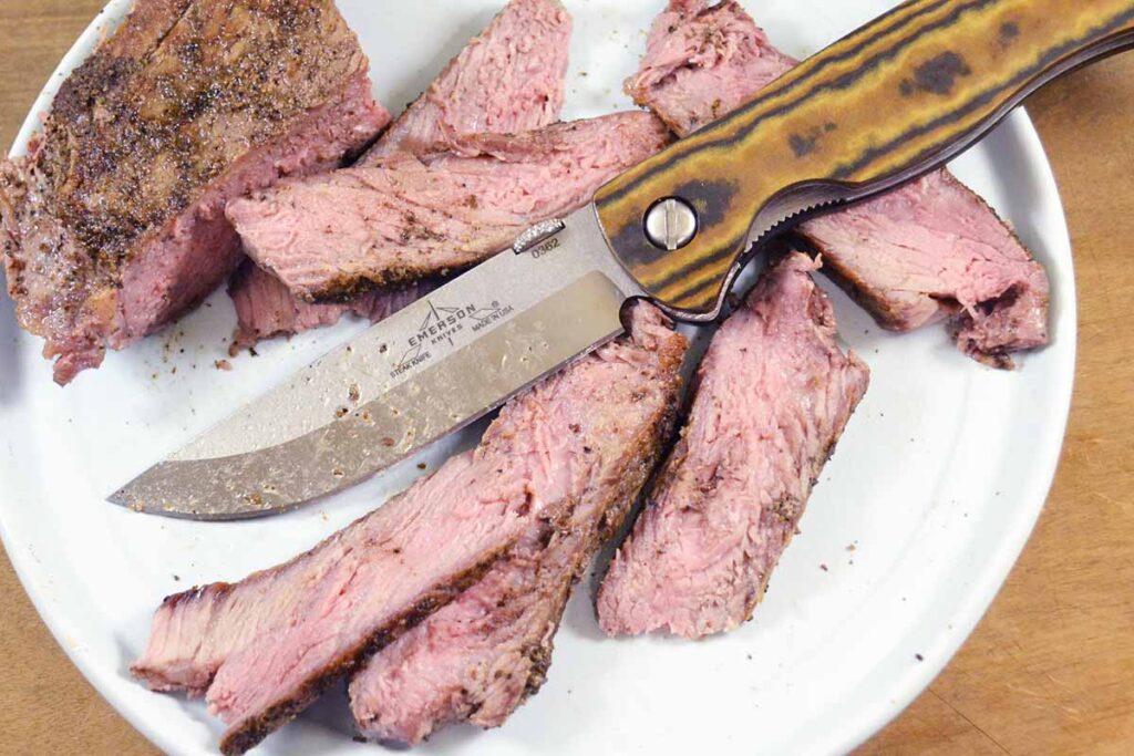 Emerson Knives Folding Steak Knife cutting steak