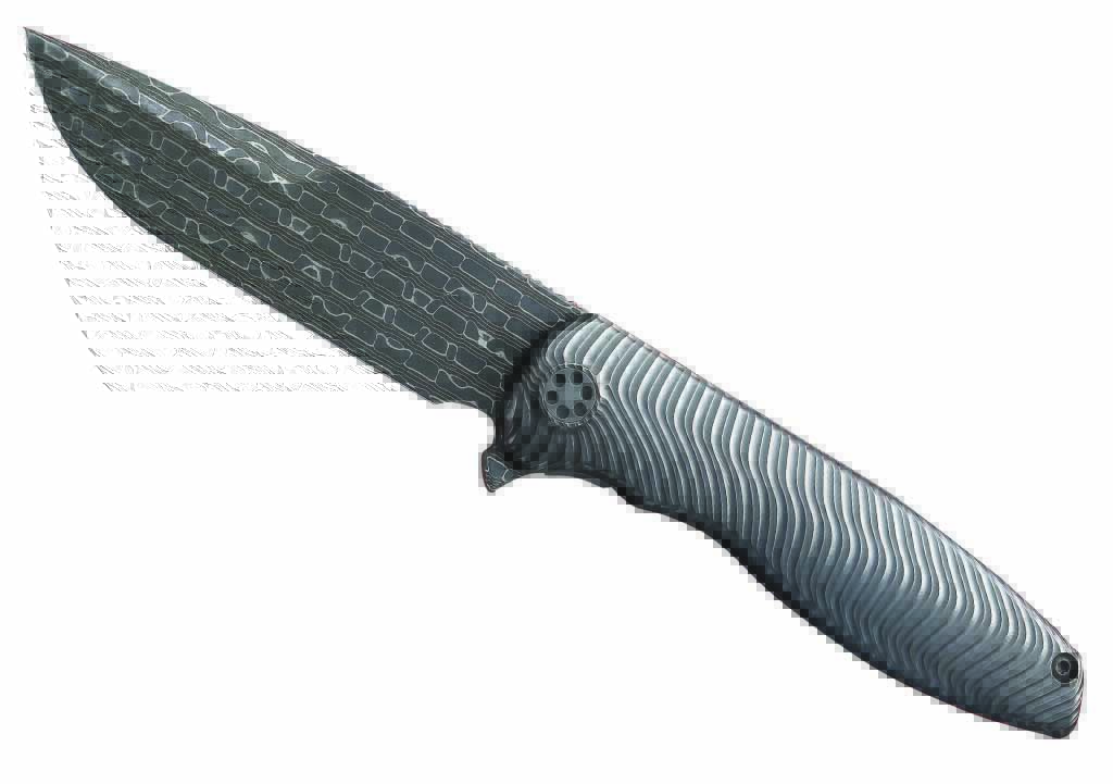 Tempest by Brian Nadeau offers up a blade of stainless damascus in NitroV by Vegas Forge. The frame is titanium, zirconium and AKS Timascus™. (SharpByCoop image)