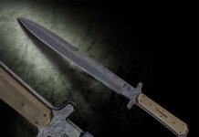 Dr. Larrin Thomas said the combination of nickel, tungsten and vanadium of the new steel known as Pop’s ProCut gives it high toughness and wear resistance while still being easy to forge and heat treat. Shane Frank uses it for the 10.5-inch flat/double-ground blade of his Arkansas Tactical Toothpick. Overall length: 16 inches. Shane’s price for a similar model: $750. (Jocelyn Frasier image)