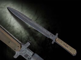 Dr. Larrin Thomas said the combination of nickel, tungsten and vanadium of the new steel known as Pop’s ProCut gives it high toughness and wear resistance while still being easy to forge and heat treat. Shane Frank uses it for the 10.5-inch flat/double-ground blade of his Arkansas Tactical Toothpick. Overall length: 16 inches. Shane’s price for a similar model: $750. (Jocelyn Frasier image)