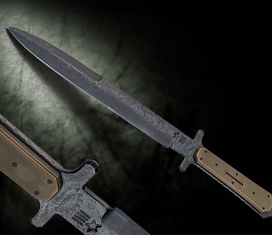 Dr. Larrin Thomas said the combination of nickel, tungsten and vanadium of the new steel known as Pop’s ProCut gives it high toughness and wear resistance while still being easy to forge and heat treat. Shane Frank uses it for the 10.5-inch flat/double-ground blade of his Arkansas Tactical Toothpick. Overall length: 16 inches. Shane’s price for a similar model: $750. (Jocelyn Frasier image)