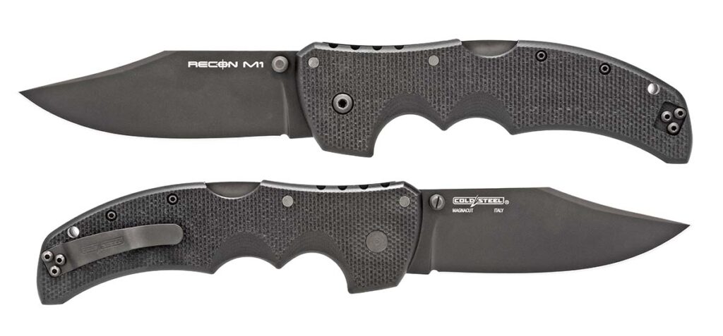 The Cold Steel Recon M1 sports a black-coated blade of MagnaCut stainless, which remains the hottest of the CPM steels used by both factory and custom segments of the sporting knife industry. Handle G-10. Lock: Atlas Lock. Weight: 5.2 ounces. Blade and closed lengths: 4 and 5.5 inches. Country of origin: Italy. MSRP: $309.99.