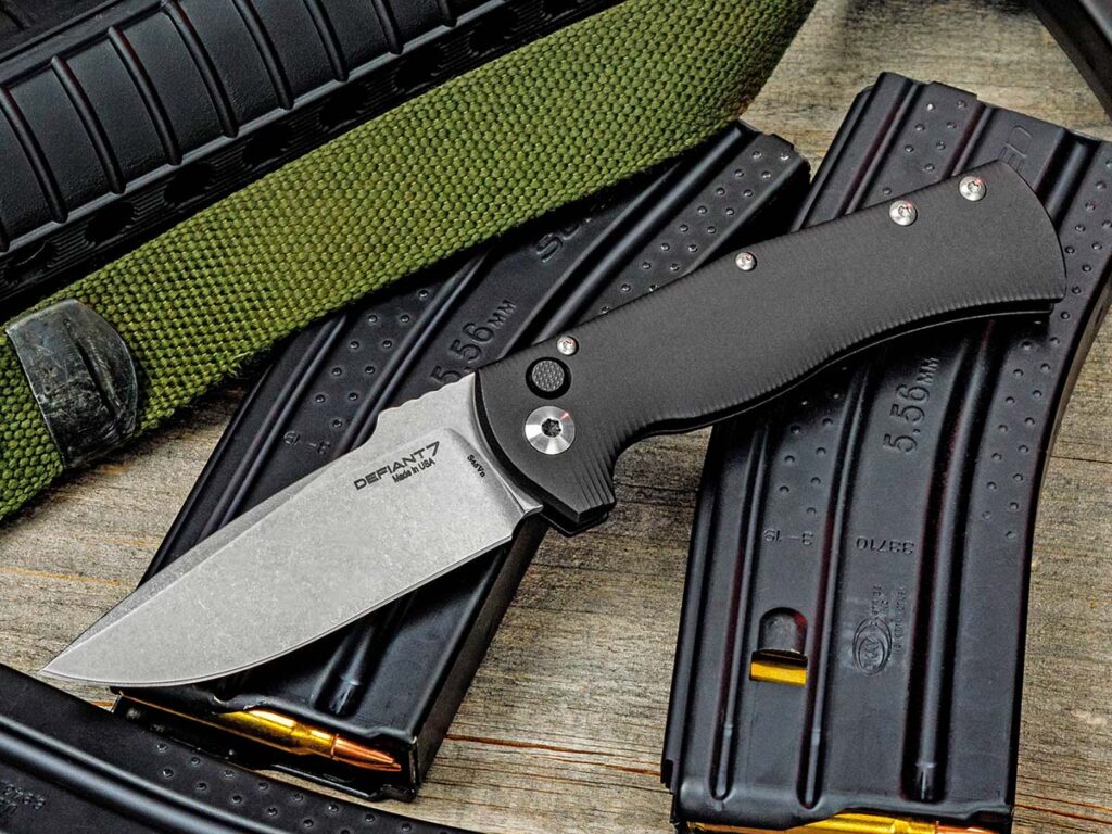 CPM S45VN is one of several of the old Crucible steels Niagara offers. The Defiant7 Auto Eagle has a stonewashed blade of the stainless steel and a black aluminum handle. Blade grind: flat. Weight: 4.4 ounces. Designed by Les George, it’s 4.75 inches closed. Country of origin: USA. MSRP: $285.