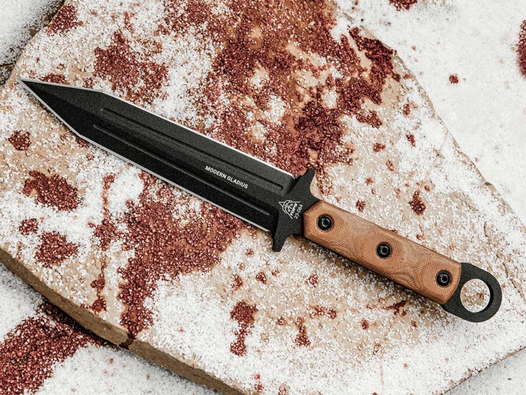 Carbon steel 1095 is the material of choice for the 6.5-inch blade of the Modern Gladius by TOPS knives.