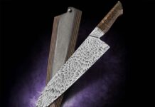 Jesse Hu uses a combination of the new Pops Procut and 1084 carbon steel for the blade of Maelstrom mosaic damascus on his chef’s knife. Overall length: 14 inches. (huhandmadeknives@gmail.com) (Jocelyn Frasier image)