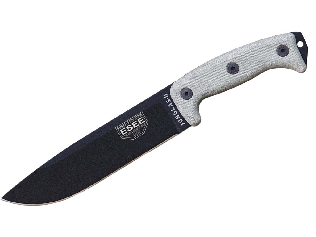 The Junglas ESEE checks in with an 8.38-inch blade of 1095 in a textured powder-coat finish.