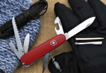 The Camper, a favorite of the author, has most tools of the larger One Handed Trekker but swaps the Phillips screwdriver for a corkscrew.