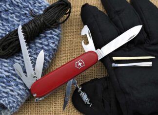 Swiss Army Knife: One Folder To Rule Them All The Camper, a favorite of the author, has most tools of the larger One Handed Trekker but swaps the Phillips screwdriver for a corkscrew.