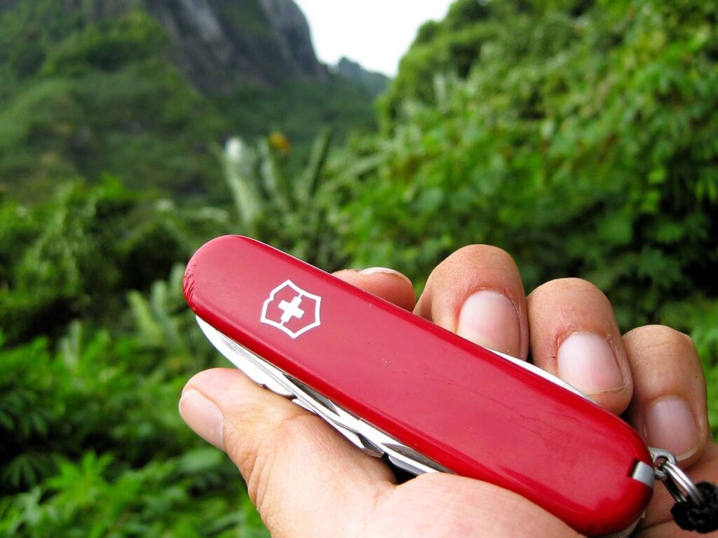 In Bora Bora's jungle, the author navigated with a sturdy Swiss Camper, ideal for both hotels and outdoor adventures.