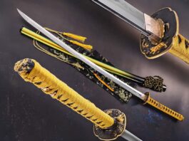 Dave Goldberg traveled to Japan years ago to study traditional sword blades under the iconic Yoshindo Yoshihara, whose family has practiced the art for no fewer than 10 generations. If David’s katana in a 34-inch blade of a five-bar construction go-mai and all the appropriate accouterments is any indication, he learned well. (SharpByCoop image)