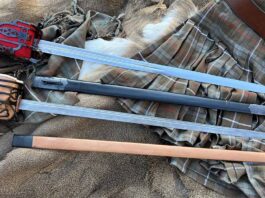 Cold Steel Scottish Baskethilt Sword (top) and CAS Iberia Scottish Baskethilt Backsword
