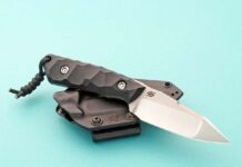 The cut-out in the blade located before the scales of the Rebel tactical EDC fixed blade by Piotr Gosciniak provides additional control for either a thumb or forefinger.