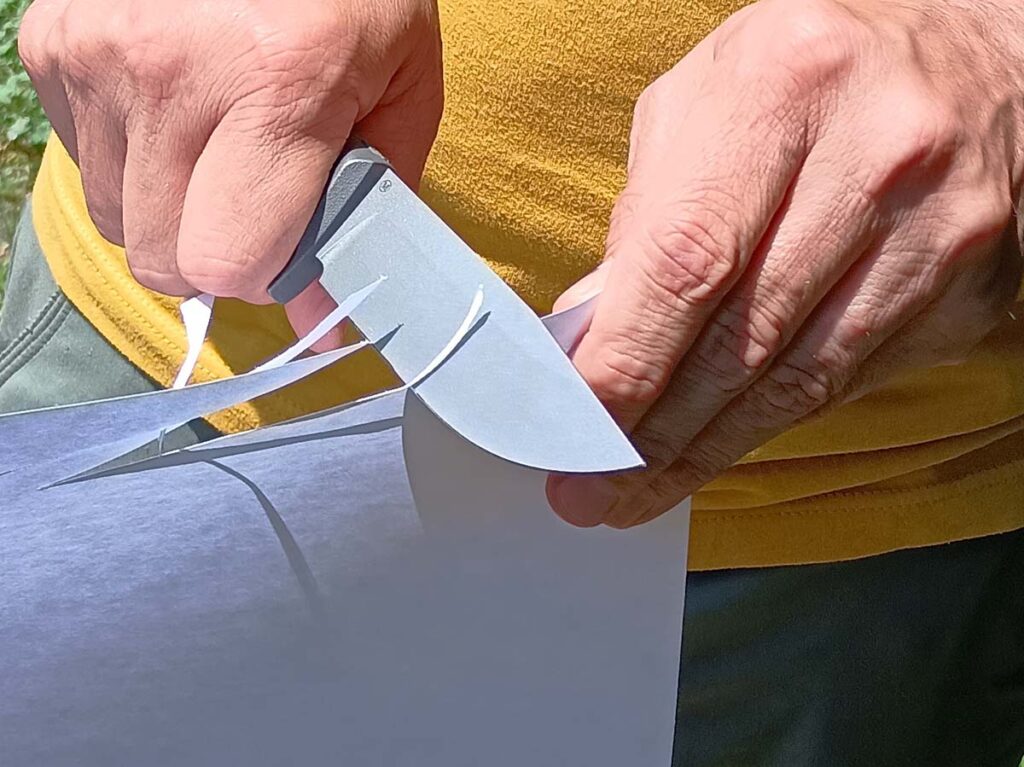 Before and after testing, the TiNy’s blade was razor sharp, able to shave through 20 bond with ease. 