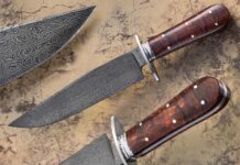 For his tribute bowie, Tony Lewis used the same process to forge Steve Dunn’s Thorns and Thistles damascus pattern as described by Steve and mentioned on pages 256 and 257 of the book, The Story of Knife Steel, by Dr. Larrin Thomas. (SharpByCoop knife image)