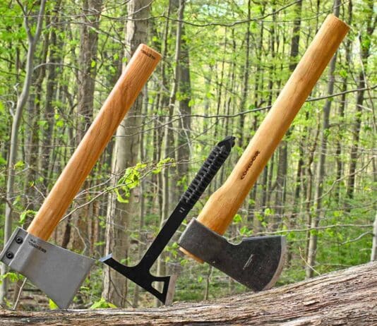 From right, the Condor Tool & Knife Cantina, Boker Plus Mohican and Cold Steel Professional Throwing Axe.