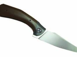 Oleksii Nesterenko’s Stingray flipper folder has a 4-inch blade of M390 stainless steel and a handle, pivot rings and back spacer of Micarta®. The clip and bolster are zirconium. Closed length: 5 inches. Retail price: $2,600. (Steel Addiction Custom Knives image)