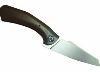 Oleksii Nesterenko’s Stingray flipper folder has a 4-inch blade of M390 stainless steel and a handle, pivot rings and back spacer of Micarta®. The clip and bolster are zirconium. Closed length: 5 inches. Retail price: $2,600. (Steel Addiction Custom Knives image)