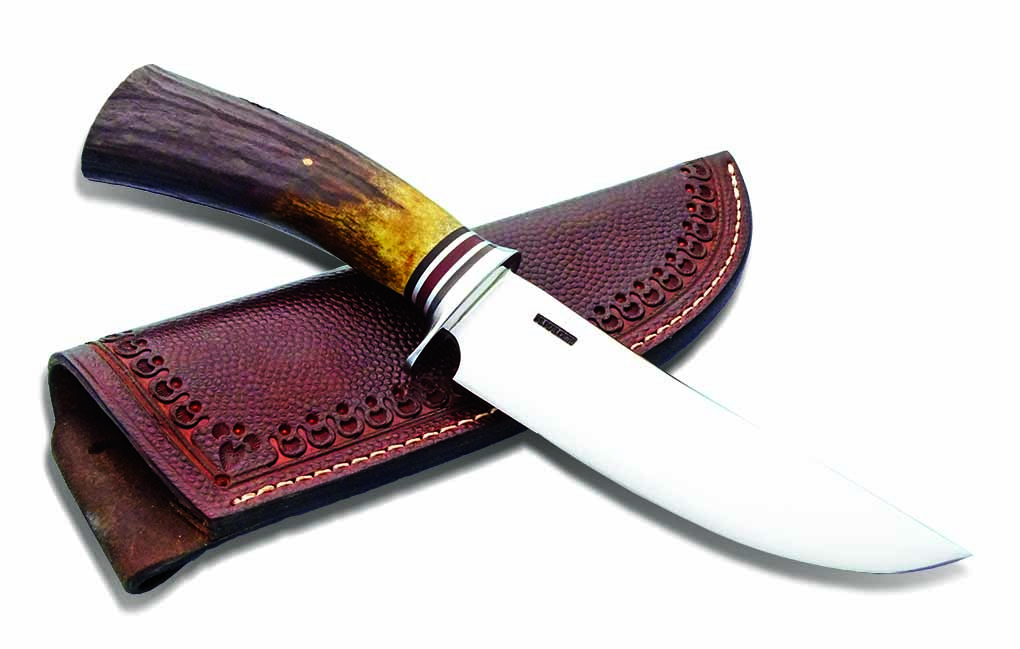 Mike Malosh opts for elk antler with black and maroon Micarta® and stainless steel spacers for the handle of his utility hunter. The 6-inch blade is W2 tool steel and the guard is stainless steel. Overall length: 10.75 inches. The knife comes with a leather sheath by Malosh. The maker’s price: $390. (Impress By Design image)