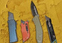 Convenient carry of replaceable-blade knives is a relatively new concept. We put four options from this class to the test (from the left) CobraTec OTF Utility Knife, Outdoor Edge SlideWinder, Havalon REDI and Gerber EAB Slim.