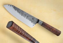 Jacob Anstaett said he usually keeps the core geometry of his wa handles in an octagonal cross-section and adapts the dimensions slightly for comfort.” The wa of his santoku is stabilized Tasmanian blackwood. The 7-inch integral blade is Hitachi 1085 carbon steel in a brut-de-forge finish. Overall length: 12 inches. Jacob’s price for a similar knife: $700. (SharpByCoop image)