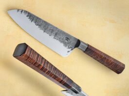 Jacob Anstaett said he usually keeps the core geometry of his wa handles in an octagonal cross-section and adapts the dimensions slightly for comfort.” The wa of his santoku is stabilized Tasmanian blackwood. The 7-inch integral blade is Hitachi 1085 carbon steel in a brut-de-forge finish. Overall length: 12 inches. Jacob’s price for a similar knife: $700. (SharpByCoop image)