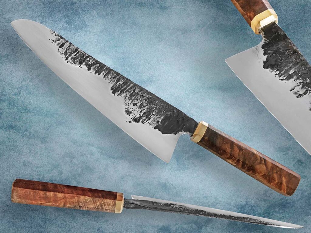 Alex Töpfer described his wa-handled piece as “a general-purpose kitchen knife based on various santoku. The blade is 80CrV2 as it’s a good general steel I can forge and heat treat. The handle is Tasmanian blackwood to add some fanciness, and the same is true for the bronze bolster. It’s functional art you can appreciate as you use it to cook.” His price for a similar knife: $325. (Rod Hoare image)