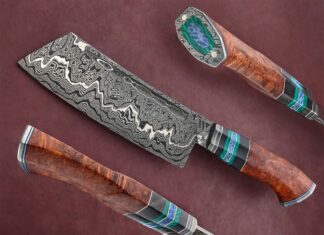 Custom Cleavers That Have Culinary Chops Robert Wayman quips that he packed a lot into his 14-inch pattern damascus cleaver, mainly in the handle. The grip features a damascus collar, stainless steel and G-10 spacers, cross-cut carbon fiber, green malachite and blue coral accents, stabilized amboyna burl, and a damascus butt cap with stainless mounting pins inset with blue coral, framed with green malachite. (SharpByCoop image)