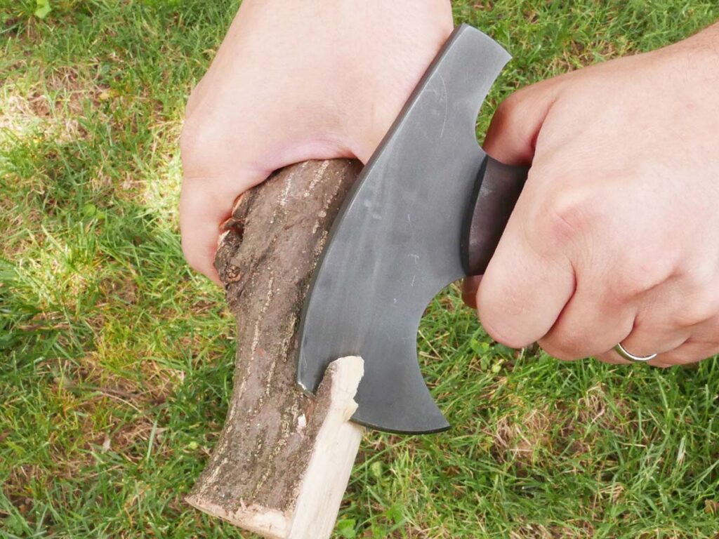 “Normal blade finish wear is not covered under warranty,” Daniel Winkler observed. “Working knives should look used.” The Winkler Hunter Axe LT shows some normal finish wear here. (Covert image)