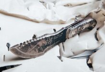 A TOPS Knives Tom Brown Tracker was lost during an IED explosion in Iraq. The soldier involved returned later to where the explosion occurred and recovered the knife, quite a bit worse from wear, from a local who had found it. “We swapped the soldier a new one and still have that knife [above] here today,” the company’s Craig Powell said.