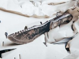 A TOPS Knives Tom Brown Tracker was lost during an IED explosion in Iraq. The soldier involved returned later to where the explosion occurred and recovered the knife, quite a bit worse from wear, from a local who had found it. “We swapped the soldier a new one and still have that knife [above] here today,” the company’s Craig Powell said.