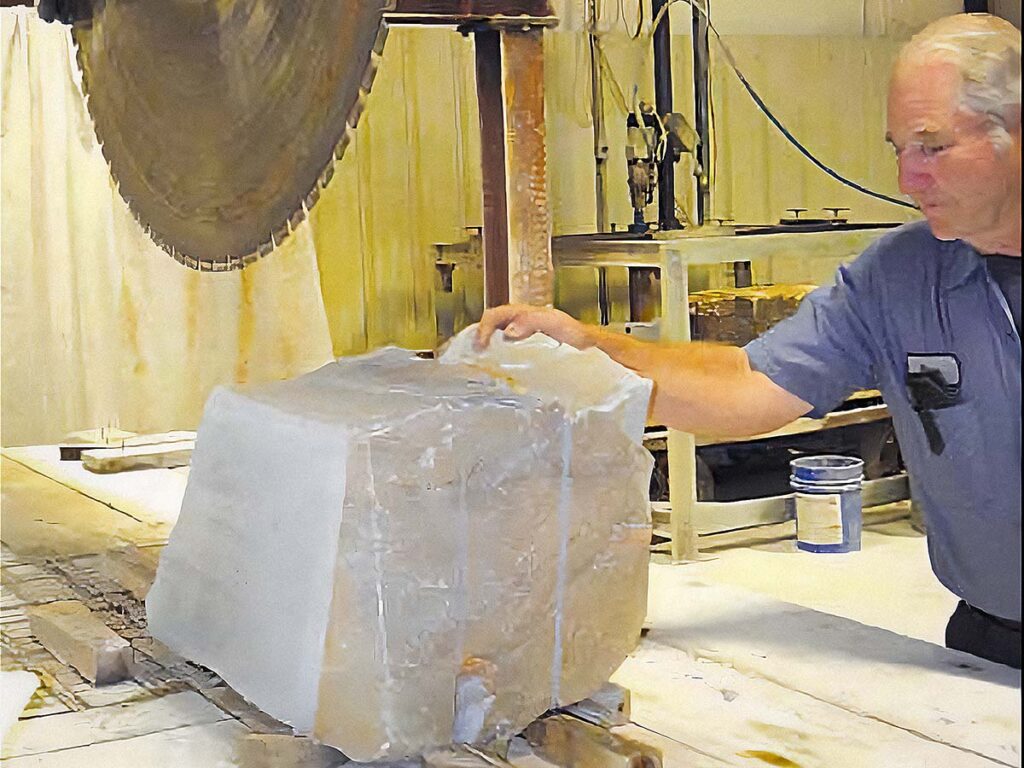Dan Kirschman, by the company’s largest saw, spent his formative years as a mining engineer, until his hobby of cutting and polishing novaculite developed into a full-time business. Dan’s Whetstones now has a 500-acre quarry and manufactures more than 300 different products from the stone. (Images courtesy of Dan’s Whetstone)