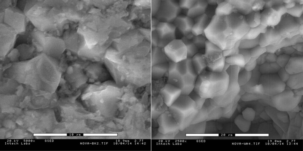 Novaculite is microcrystalline quartz in structure and while it can seem extremely smooth to the naked eye, at the microscopic level the formation’s cutting properties become evident. On the left is ultra-fine black stone at 5000x magnification and the right hard Arkansas stone at 2500x magnification. (Image courtesy of Dan’s Whetstones)